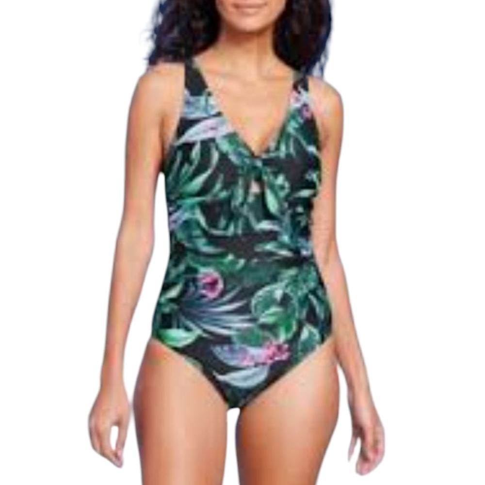 Kona Sol Tropical Print One-Piece Swimsuit With Tie Front At Bust SZ 14🏖